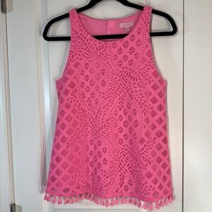 Lilly Pulitzer Sleeveless Shirt Crochet Tassels Preppy Tank Top Women's S Pink